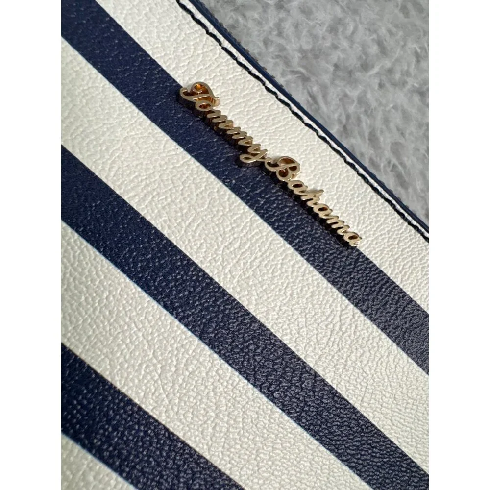 Tommy Bahama Floral Stripe Tote W/Pouch Navy White Faux Leather Travel Beach 90s - Picture 7 of 16